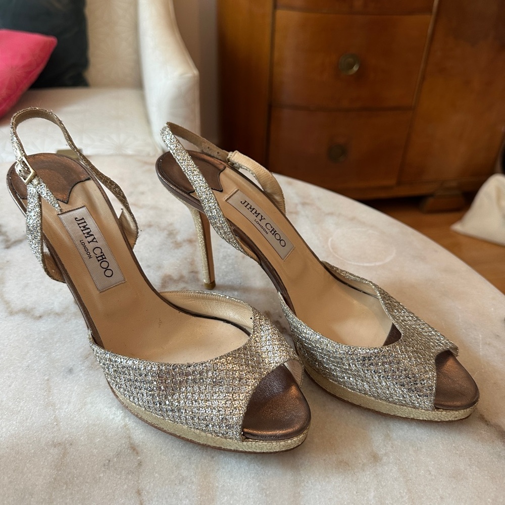 Jimmy Choo Glittering Silver Peep-Toe Heels